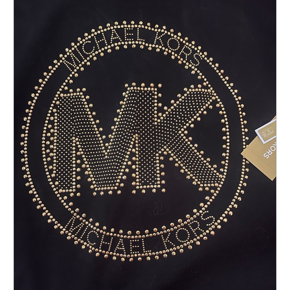 Michael Kors Studded Logo Charm Black Cotton Tee Top T-Shirt w/ Gold Accents XL - Picture 2 of 4
